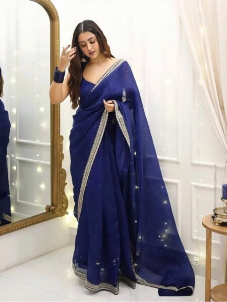 Georgette Navy Blue Fully Stitched Ready to Wear Saree with Thread & Sequins Work