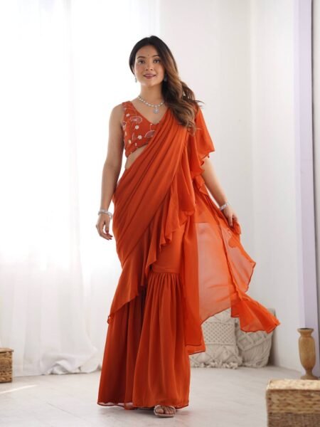 Designer Georgette Ready to Wear Rust Sharara Saree with Zari Embroidery for Weddings