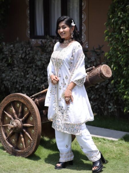 Georgette Kurti Pant Set - White Multi Needle & Sequins Embroidery Work