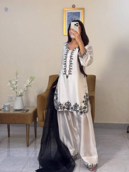 White Pakistani Style Suit with Beautiful Embroidery & Beads Handwork for Festivals