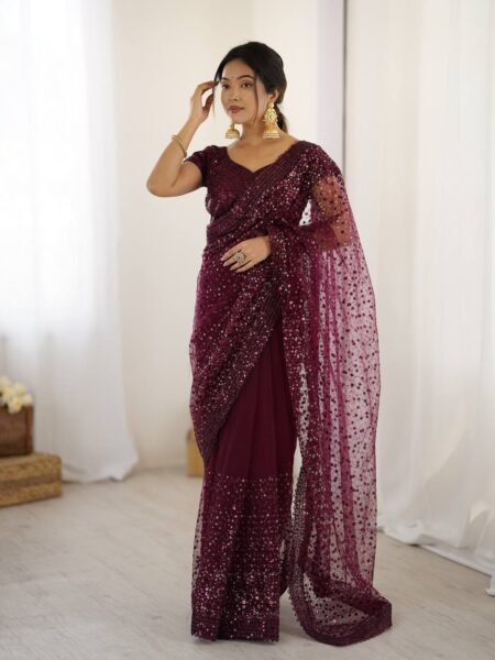 Wine Saree, Fully Stitched Blouse with Sequins & Dori Work