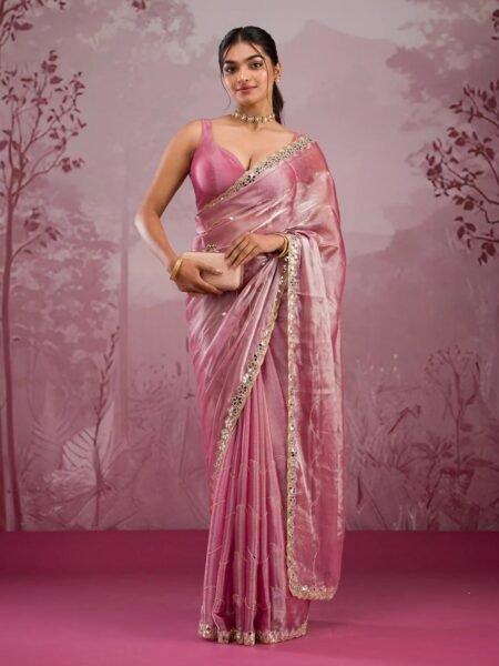Burberry Silk Light Pink Saree with Embroidery & Mirror Work Blouse