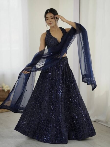 Designer Net Lehenga Choli with Heavy Sequins, Dori Work & Attached Can-Can