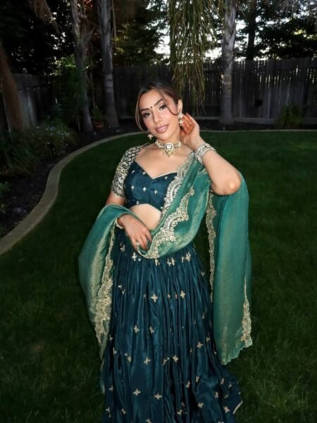 Green Satin Lehenga Choli with Thread & Embroidery work for Weddings