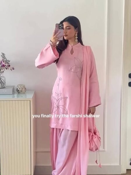 Ethnic Pink Pakistani Style Farshi Suit with Hotfix Diamond Work for Occasions