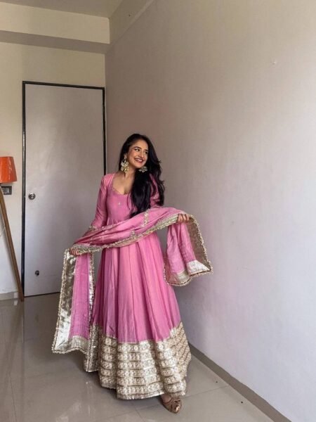 Chinon Pink Thread Work 3 Pc Anarkali with Lace Border & Latkan Dori for Parties