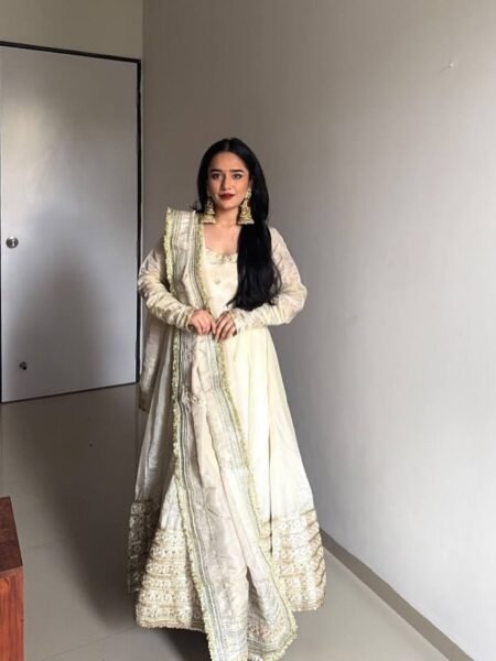 Chinon Off-White Thread Work 3 Pc Anarkali with Lace Border & Latkan Dori for Parties