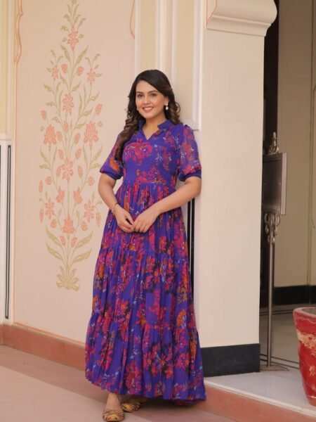 Georgette Printed V-Neck Blue Anarkali Gown Set