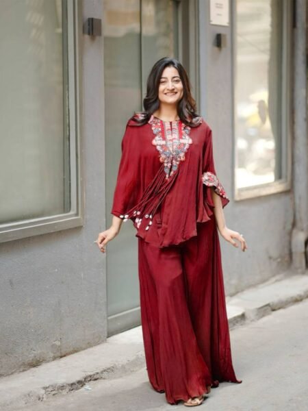 Designer Red Chinon Set with Sequins Embroidery Work & Kodi Latkan for Parties