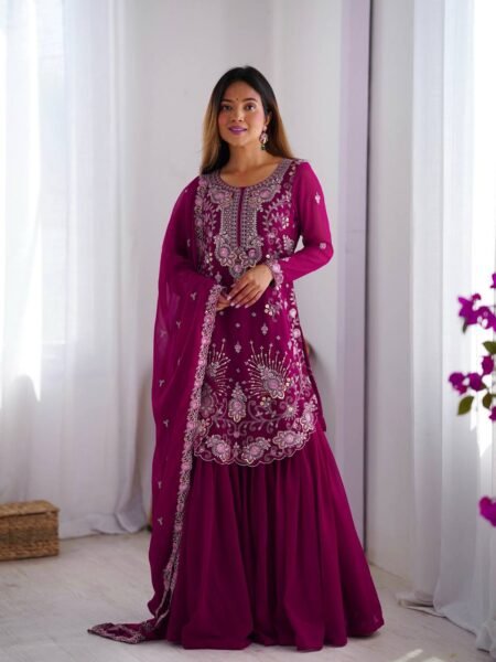 Georgette Sharara Set - Ethnic Pink Thread & Sequins Embroidered Suit for Weddings