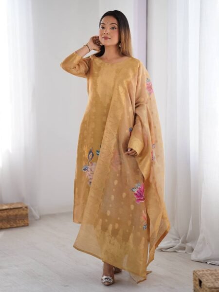 Chanderi Silk Kurta Pant - Light Golden Suit with Jacquard Work & Floral Digital Print