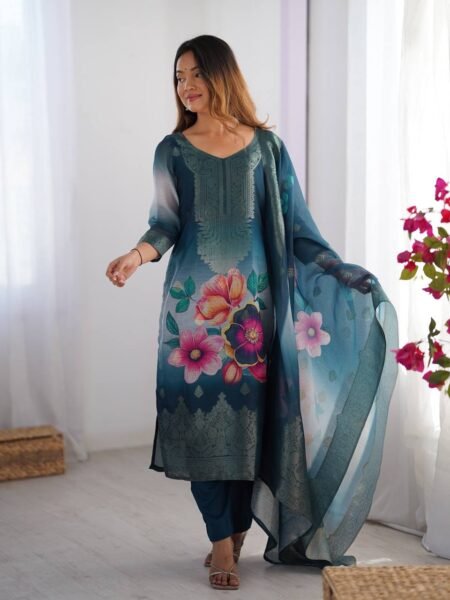 Chanderi Silk Kurta Pant - Dark Teal Suit with Jacquard Work & Floral Digital Print