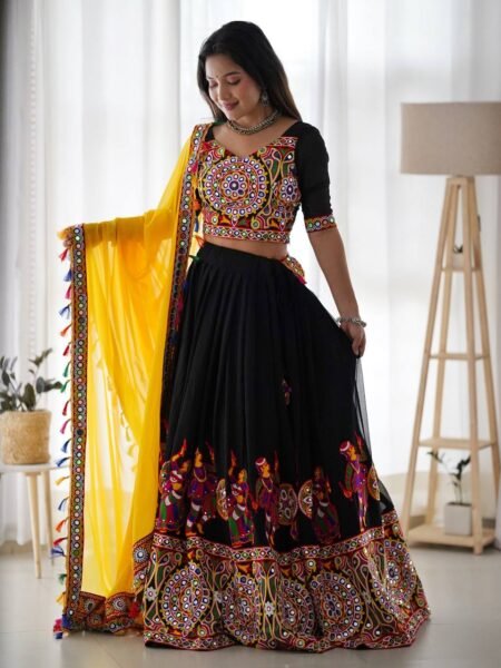 Navratri Special Georgette Lehenga Choli Set with Mirror Work & Attached Can-Can, Canvas Patta