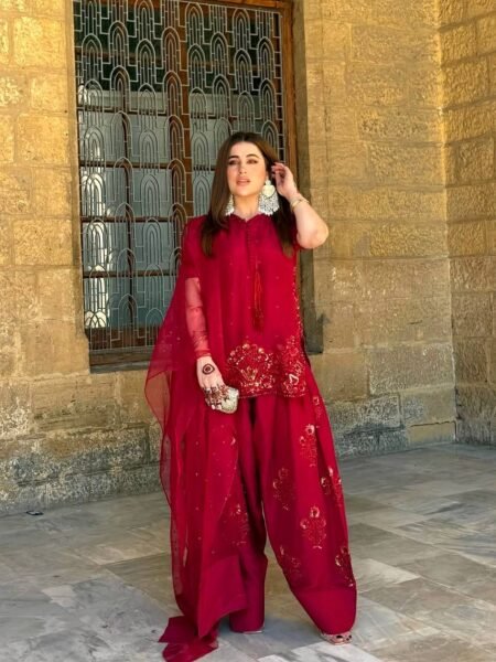 Glamorous Crepe Silk Red Farshi Suit with Ethnic Embroidery Work