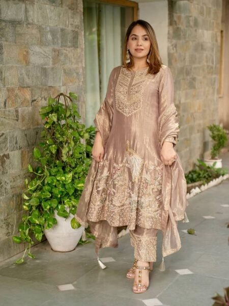 Fandy Silk Kurta Pant Set with Heavy Sequins Embroidery Work for Women
