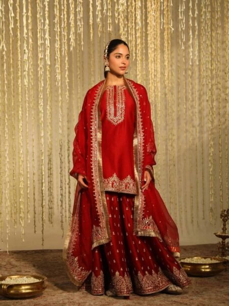 Maroon Chinon Silk Kurta Palazzo Set with Heavy Embroidery Work for Women