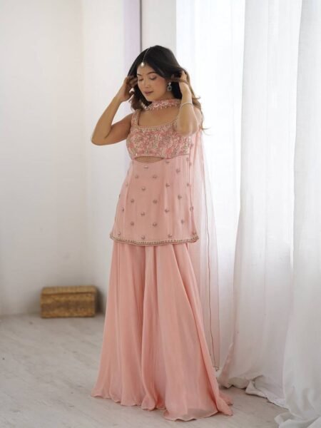 Baby Pink Embroidered Georgette Kurta Palazzo Set – Perfect for Weddings & Festive Occasions