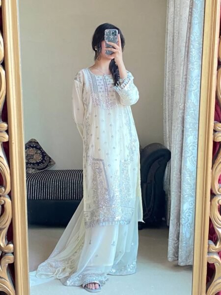 White Georgette Pakistani Style Sequins Embroidered Palazzo Set for Weddings