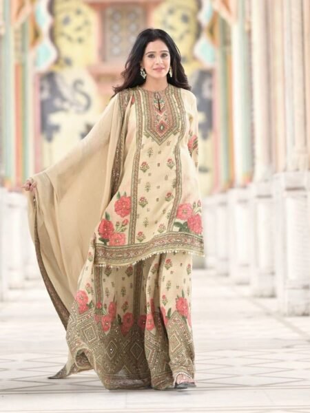 Chinon Silk Digital Prinmted Kurta Sharara Set with Mirror & Stone Hand Work