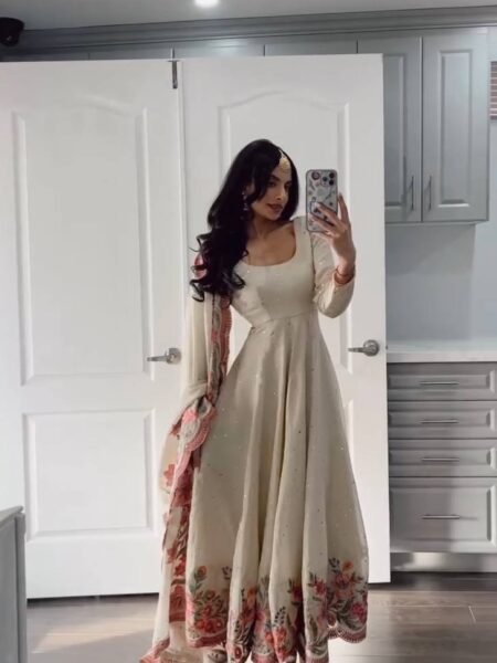 Yashna Cream Chinon Silk Anarkali Suit Set with Mukesh and Sequence Work