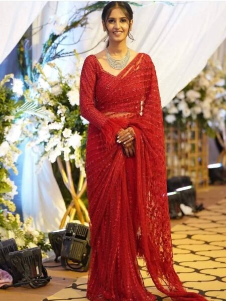 Ethnic Designer Red Net Saree with Sequins & Thread Work for Weddings