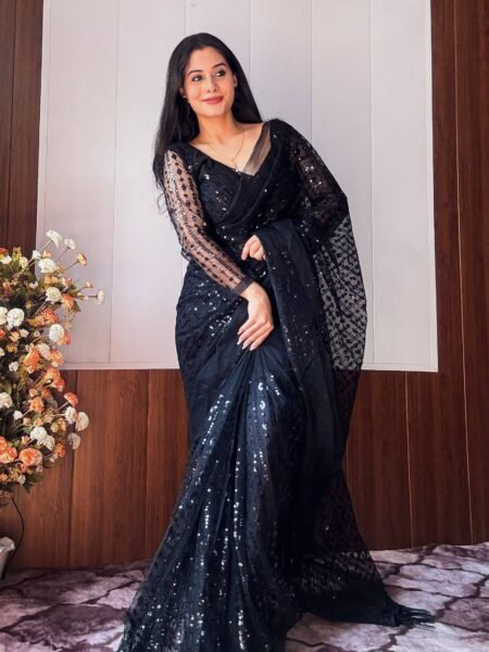 Black Ready to Wear Net Saree with Heavy Thread & Sequins Work, Gift for Her