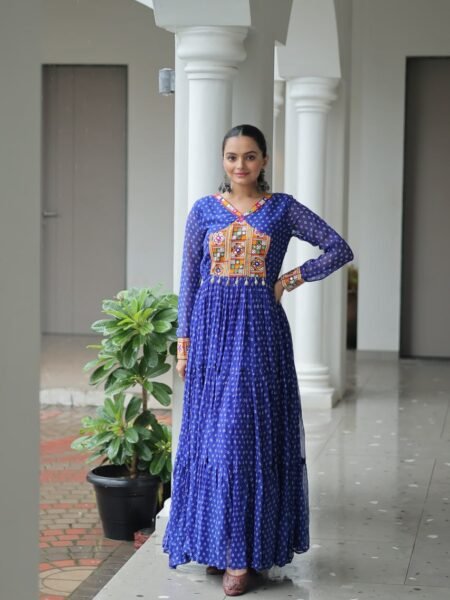 Navratri Special Bandhani Print Kutchi Patchwork Blue Georgette Gown