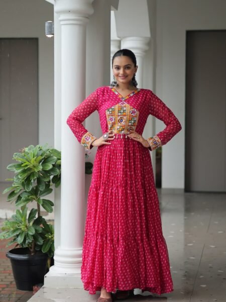 Navratri Special Bandhani Print Kutchi Patchwork Pink Georgette Gown