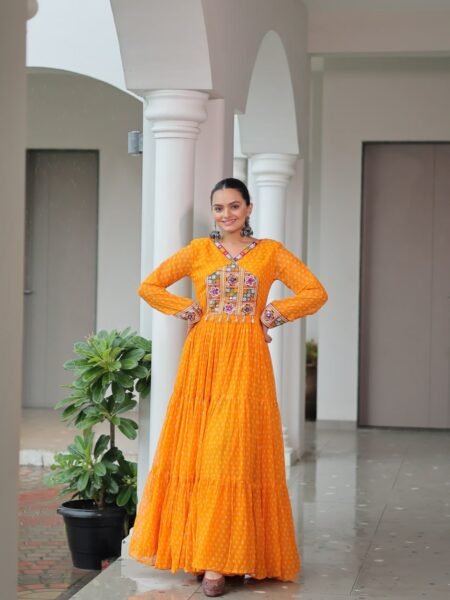 Navratri Special Bandhani Print Kutchi Patchwork Yellow Georgette Gown