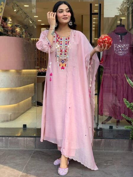 Elegant Peach Chanderi Kurti Set with Mirror work & Embroidery for Women (Copy)