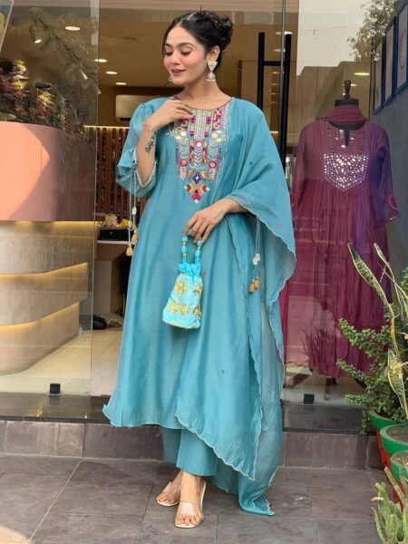 Elegant Blue Chanderi Kurti Set with Mirror work & Embroidery for Women (Copy)