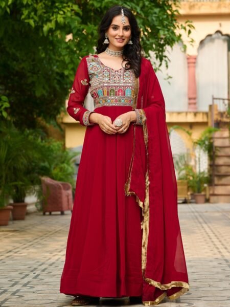 Elegant Faux Blooming Maroon Gown With Sequins & Multi- Thread Embroidery