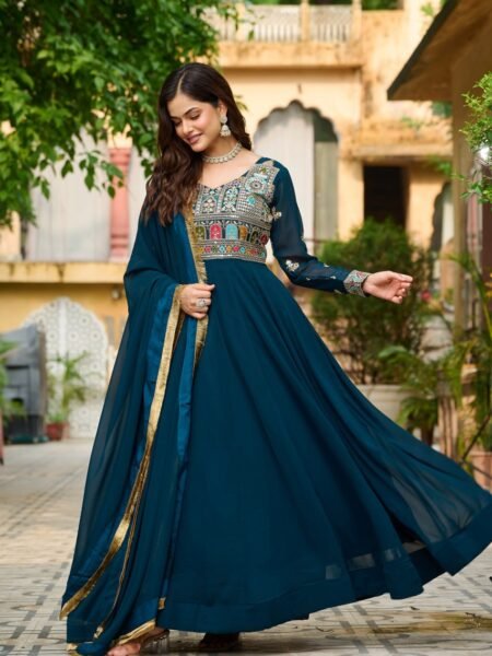 Elegant Faux Blooming Rama Gown With Sequins & Multi- Thread Embroidery