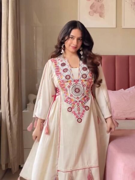 Ethnic Khadi Cotton Co-ord Set with Sequence Embroidery & Mirror Work