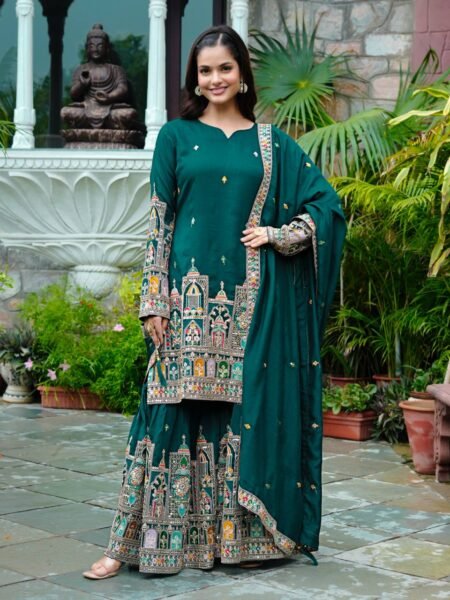 Teal Blue Chinnon Silk Kurta Palazzo Set with Coding Embroidery & Dori-Sequence Work