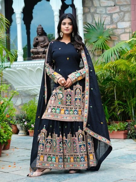 Black Chinnon Silk Kurta Palazzo Set with Coding Embroidery & Dori-Sequence Work
