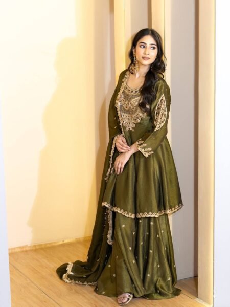 Mehendi Green Simmer Silk Ethnic Sequins Embroidered Sharara Set for Festivals
