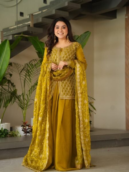 Ethnic Fandy Silk Beads Embroidered Sharara Set With Zari Work Dupatta - Mehandi