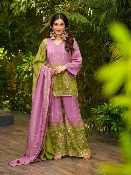 Premium Chinon Silk Kurta Palazzo Set with Sequins & Zari Embroidery for Festivals