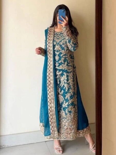 Georgette Embroidery & Diamond Hnadwork Blue Kurta Palazzo Set for Weddings