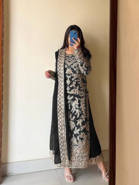 Georgette Embroidery & Diamond Hnadwork Black Kurta Palazzo Set for Weddings