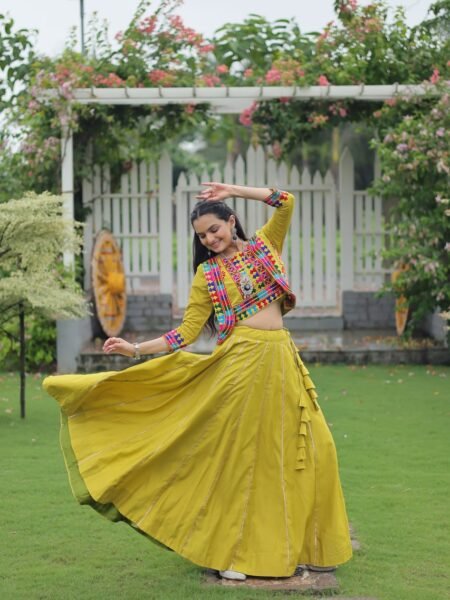 Ethnic Parrot Green Gota-Patti Lehenga & Kutchi Gamthi Embroidered Top