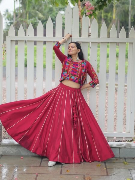 Ethnic Maroon Gota-Patti Lehenga & Kutchi Gamthi Embroidered Top