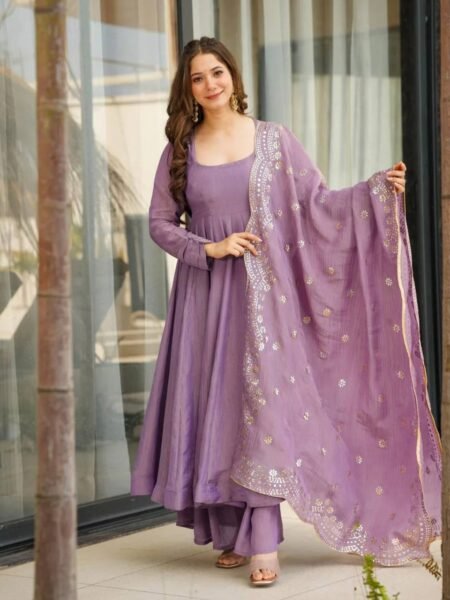 Elegant Lavender Fandy Silk Anarkali Suit with Bottom & Embroidered Dupatta