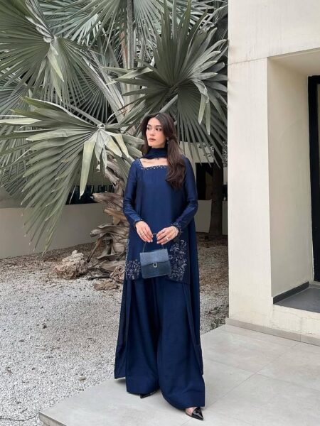 Ethnic Crepe Silk Navy Blue Farshi Suit with Sequins Embroidery Work