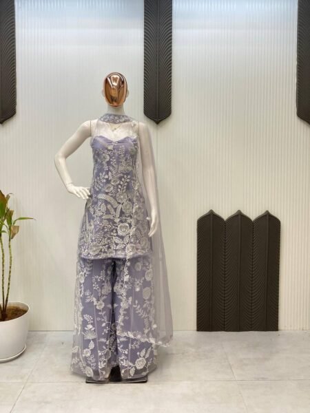 Designer Lavender Butterfly Net Palazzo Set with Embroidery Work
