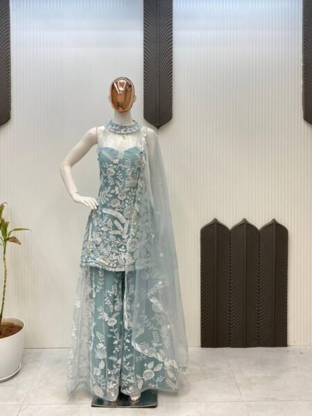 Designer Ice Blue Butterfly Net Palazzo Set with Embroidery Work