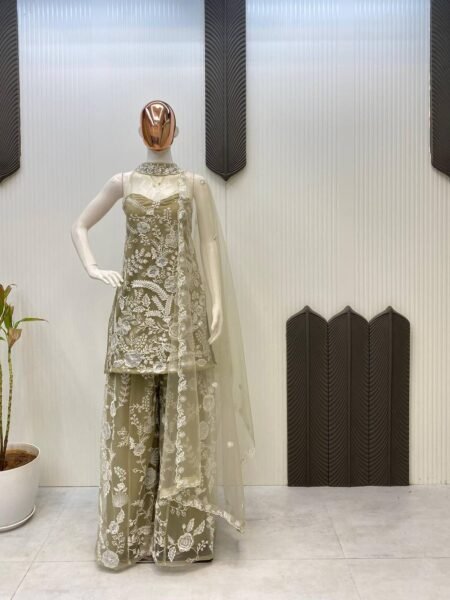 Designer Olive Green Butterfly Net Palazzo Set with Embroidery Work