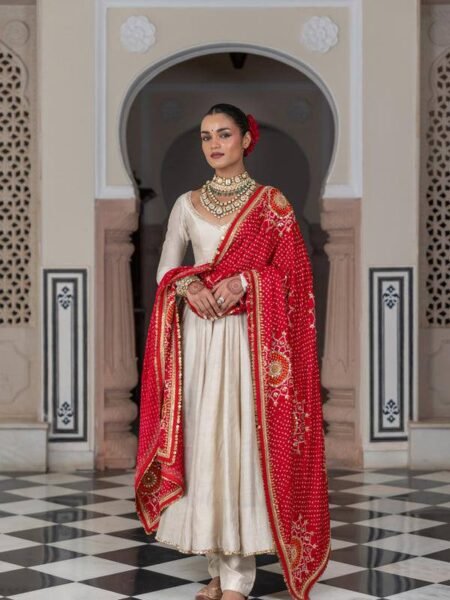 Ethnic Off White Chinon Anarkali Suit with Pant & Red Bandhani Dupatta