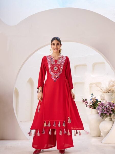 Ethnic Red Rayon Co-ord Set with Thread & Mirror Work
